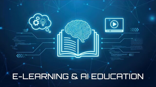 E-learning, Online education concept with open book icon, AI brain, creative thinking and video representing interactive smart learning and knowledge management in digital environment