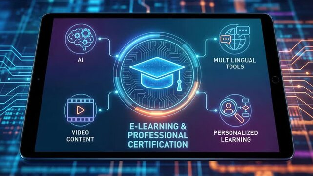 E-learning platform with AI, video content, multilingual tools, and personalized learning icons surrounding a graduation cap symbolizing digital education and professional certification