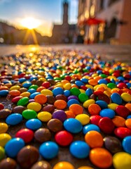 Colorful Candy Coated Chocolates on Street at Sunset.