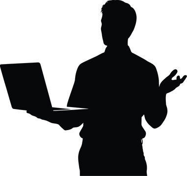 Silhouette of a man holding a laptop and gesturing