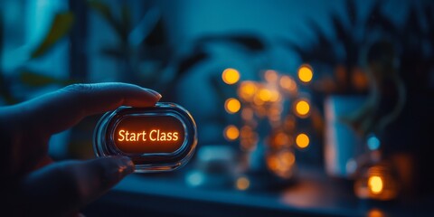 Teacher starting online class with futuristic button at home