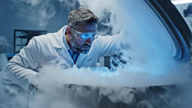Man in white lab coat leaning over open cryogenic dewar with blue vapor rising. Scientist carefully examining liquid nitrogen container in research lab. Close-up sequence of handling scientific