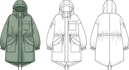 “Long parka jacket technical fashion flat sketch with hood, utility pockets and adjustable waist details, CAD garment vector illustration” © Bappi Creatives