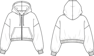 “Cropped zip up hoodie technical fashion flat sketch front and back view with pockets, rib hem details, CAD vector illustration” © Bappi Creatives