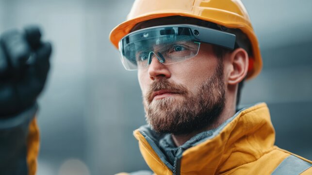 Construction worker wearing smart augmented reality glasses and yellow helmet focusing on virtual interface for site inspection