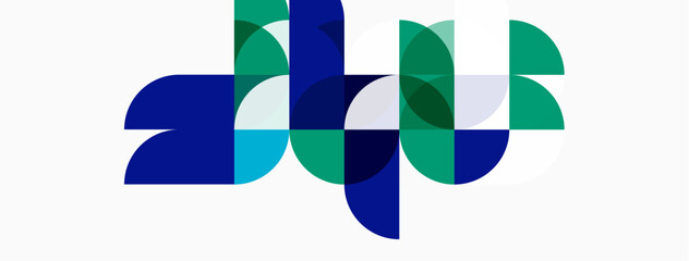 Abstract geometric shapes overlap, creating dynamic composition. Blue, green hues dominate white background. Modern design element.