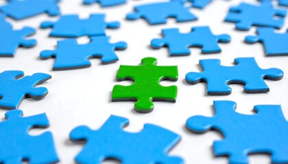 A close-up shot of a white surface adorned with scattered blue jigsaw puzzle pieces surrounding a central green piece