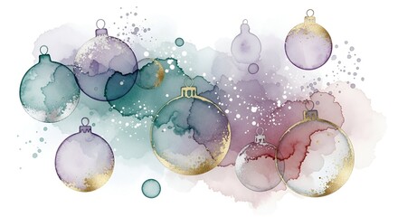 Colorful watercolor Christmas ornaments with pastel background  