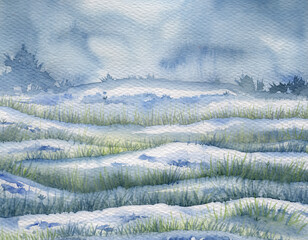 Obraz premium Snowy winter meadow with frosty grass in watercolor landscape