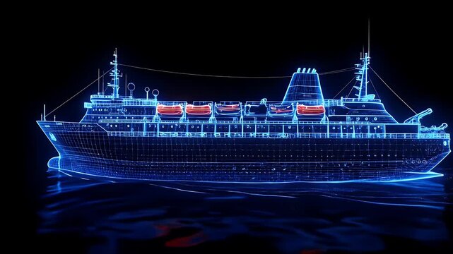 Digital Wireframe Cruise Ship Model Spinning in Dark Futuristic Space