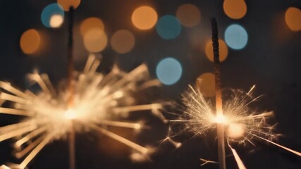 Two Bright Sparklers Burning with Golden Sparks and Blurred Bokeh Lights at Night, New Year's