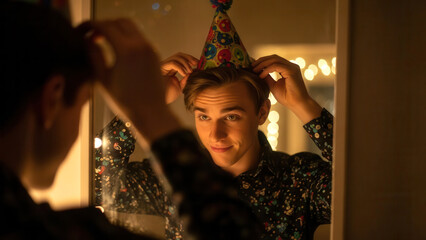 Fototapeta premium Young Man Adjusting Party Hat in Mirror Reflection Before Celebration