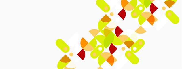 Abstract geometric shapes, mostly rounded rectangles, circles, segments. Warm color palette dominates, light background present. Minimalist design.