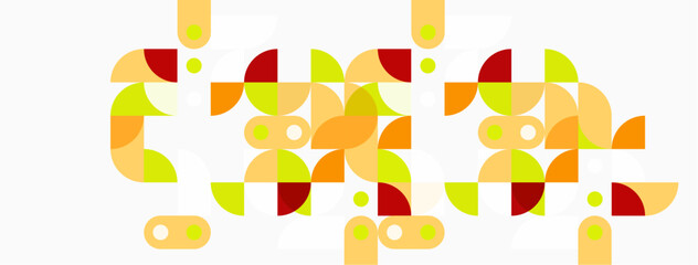 Abstract geometric pattern. Circles, semicircles, dots create colorful composition. Warm tones dominate design. Minimalist style.