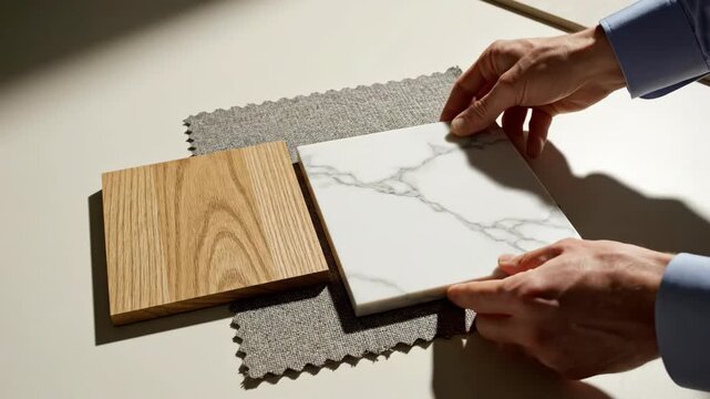 Hands arranging wood and marble samples on gray fabric. Interior design material selection in top-down flat lay. Composition for home decor inspiration and texture comparison.