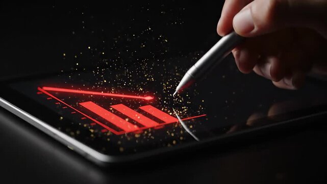 Cinematic Close-up of a Stylus Drawing an Exponential Red Bar Graph on a Tablet Screen, Representing Financial Down and Data Visualization in Slow Motion 4K.