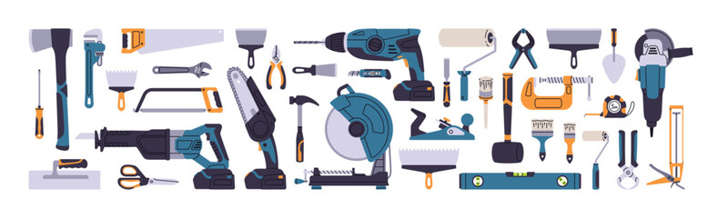 Work tools for repair, construction. Building instruments set. Carpentry, masonry equipment, hammer, screwdriver, axe, drill, wrench and trowel. Flat vector illustration isolated on white background