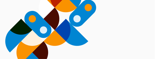 Abstract geometric shapes overlap, creating colorful composition. Blue, orange, brown tones dominate white background. Modern design.