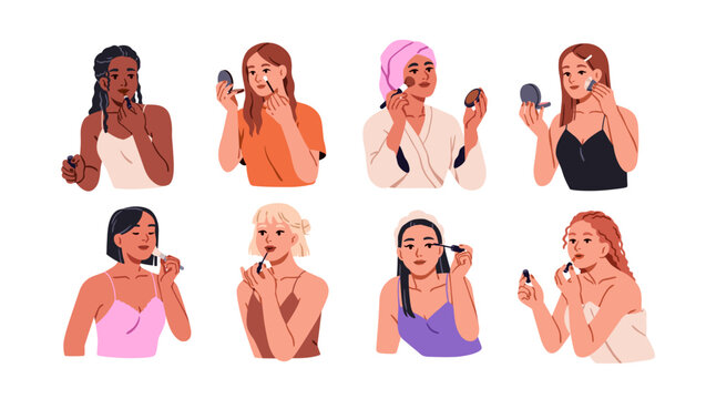 Women doing makeup, set. Girls during self make-up with beauty products, decorative cosmetics for eyes, lips, skin, applying lipstick, mascara. Flat vector illustration isolated on white background