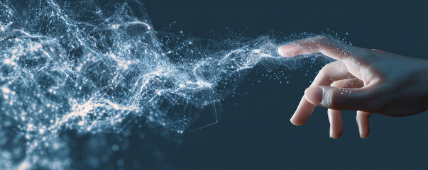 Woman hand touching The metaverse universe,Digital transformation conceptual for next generation technology era. minimal banner 