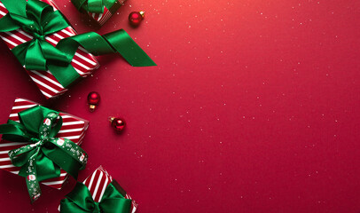 Merry Christmas and Happy Holidays greeting card, frame, border. New Year. Red Christmas ornaments...