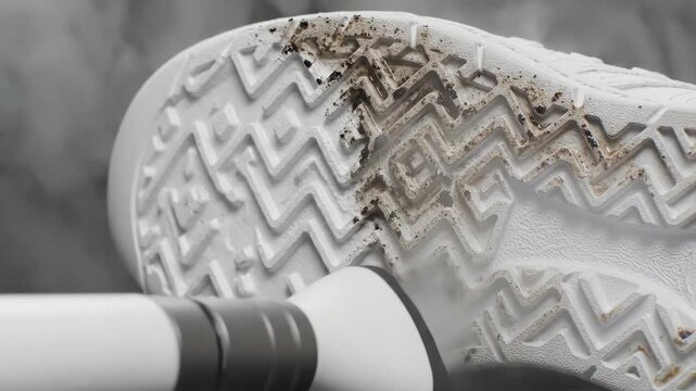 Extreme closeup of brush scrubbing dirty sneaker sole to remove mud and grime. Detailed cleaning process of shoe tread pattern for hygiene maintenance.