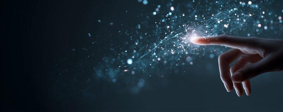 Woman hand touching The metaverse universe,Digital transformation conceptual for next generation technology era. minimal banner 