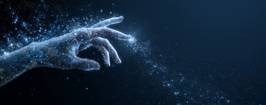 Woman hand touching The metaverse universe,Digital transformation conceptual for next generation technology era. minimal banner 