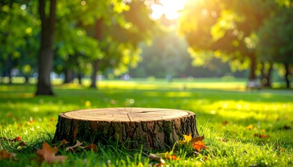 A close-up shot of a tree stump in a park bathed in warm sunlight, with a blurred backdrop of trees and a green lawn