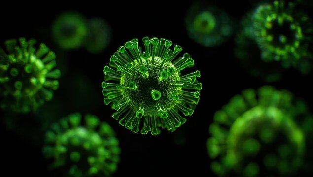 A green virus is shown in a close up