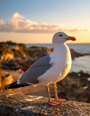 Fototapeta premium A close-up shot of a seagull perched atop a stone wall, silhouetted by the warm sunset hues over the ocean