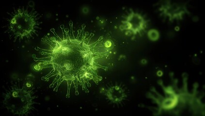 Obraz premium A green virus is shown in a black background