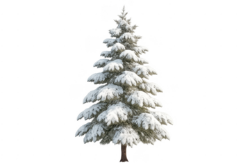Winter pine tree covered in heavy snow with transparent background