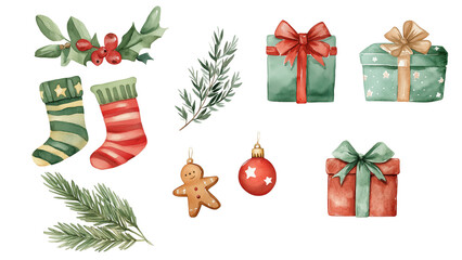 Festive Watercolor Elements Featuring Gifts and Decorations