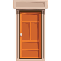 Orange wooden door with a light beige frame and a round doorknob on a transparent background illustration