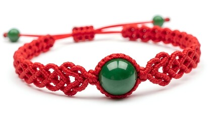 Vibrant red braided string bracelet with a polished green bead, meticulously handcrafted and isolated on a pristine white background, symbolizing good luck and cultural tradition