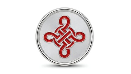 Elegant silver-toned circular charm with a vibrant red intricate interweaving knot pattern, symbolizing unity and timeless connection, digitally rendered on a pristine white background