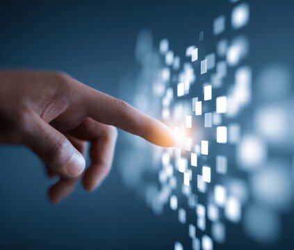 Finger touching glowing digital interface squares with blue background. - Powered by Adobe