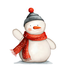Watercolor Snowman With Red Scarf and Gray Hat in Winter