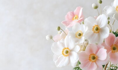 Fototapeta premium minimalist greeting card design with a soft pastel bouquet of white and blush-pink anemones arranged in an airy modern composition