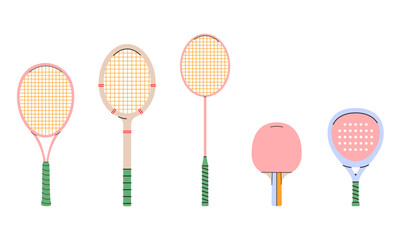 Various sports rackets tennis,retro tennis,badminton,table tennis,padel.Ideal for educational, design and infographic use.Colorful illustration isolated on white background.Racket icons set.EPS 10