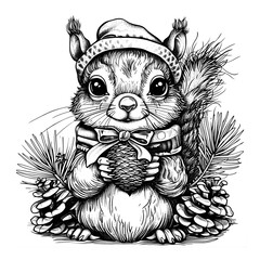 Festive Squirrel Holding Pinecone – Winter Coloring Page Art
