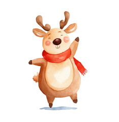 Cute Watercolor Reindeer Character With a Bright Scarf