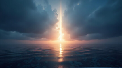 Dramatic Light Beam Piercing Dark Storm Clouds Over Open Ocean Horizon
