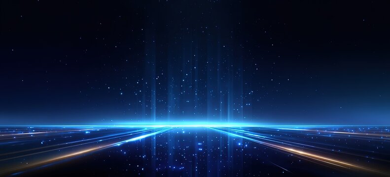 Futuristic Blue Light Path on Dark Cosmic Background, Suited for sci-fi project visuals, tech presentation slides, digital product backgrounds, or futuristic design and gaming-related content.