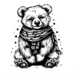 Cute Winter Bear Coloring Page – Black and White Line Art