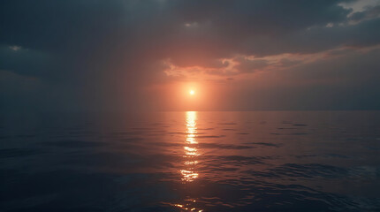 Fototapeta premium Dramatic Sunset Over Calm Ocean Water with Moody Clouds