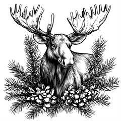 Christmas Moose with Pine Branches – Black and White Line Art