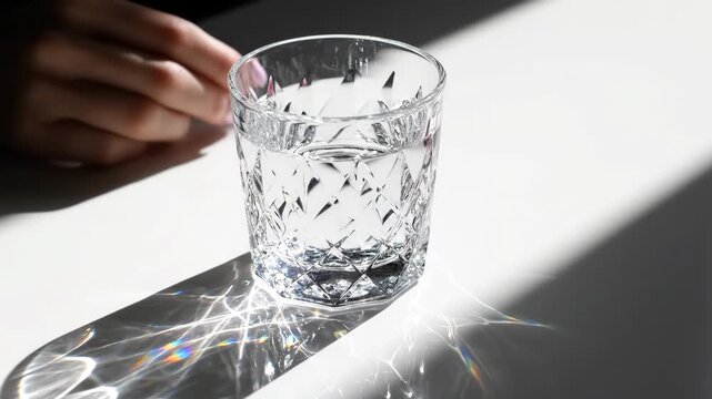 Woman dropping effervescent tablet into glass of water. Slow motion fizzing dissolution with sunlight creating rainbow prisms on white surface