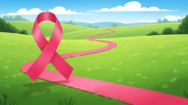 Pink Ribbon Path Through Green Hills for Breast Cancer Awareness. - Powered by Adobe